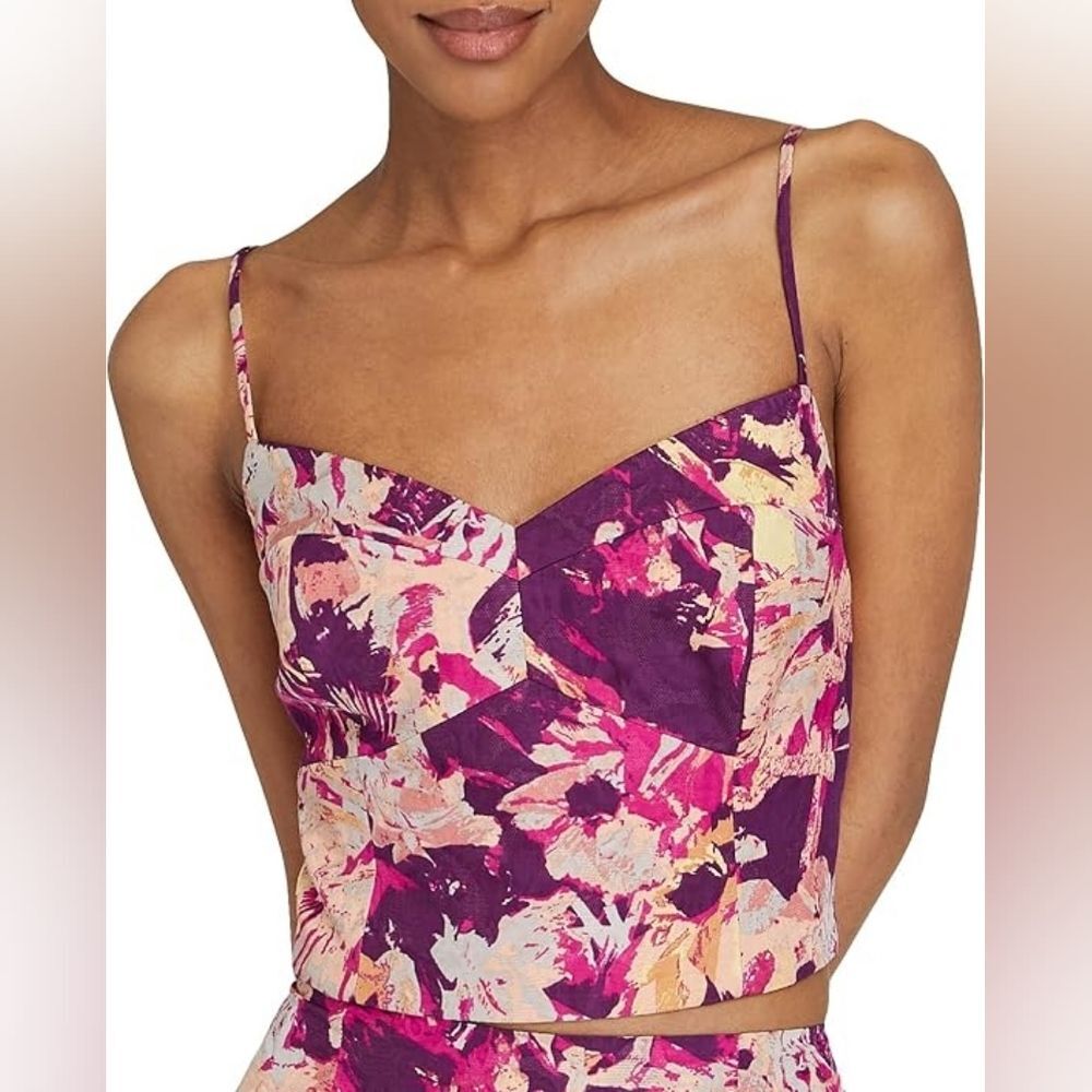 NWT Club Monaco Paneled Fitted Cropped Linen Blend Top Aster Pink XL MSRP $128